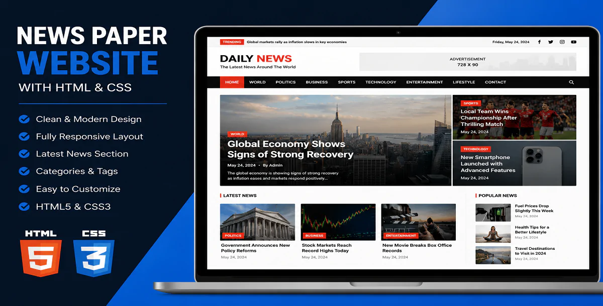 Professional news paper website with html and css